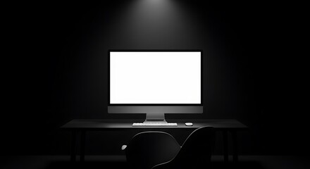 A computer with a blank white screen sits on a desk in a darkened room, illuminated by a single spotlight.