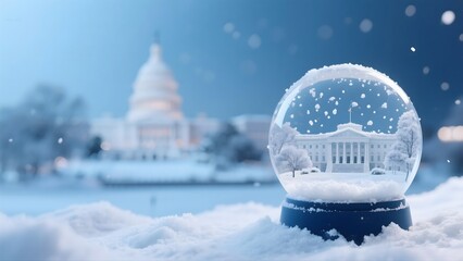 Snow Globe Featuring Iconic Government Building Surrounded by Snowfall in Winter Wonderland