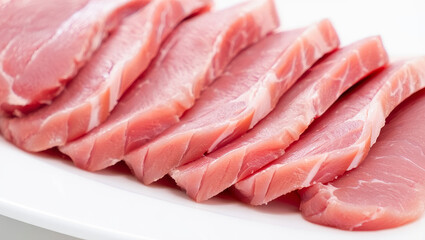 Raw pork meat slices, showcasing various cuts and textures, arranged neatly on white plates, highlighting freshness and quality. AI generated.
