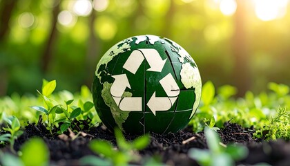 Broken Earth globe with recycling symbol in green environment