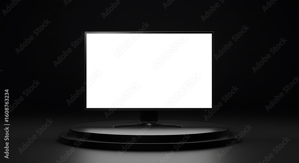 Poster a blank, illuminated computer monitor sits atop a circular platform against a dark, shadowy backgrou