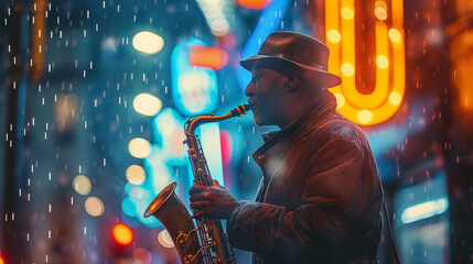 Musician plays saxophone on a rainy city street at night with neon lights