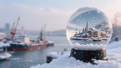 Snow Globe Featuring Scenic Winter Village with Snow-Covered Buildings and Harbor in Background