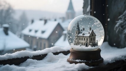 Snow Globe with a Historical Castle Surrounded by Snowy Landscape in a Winter Setting