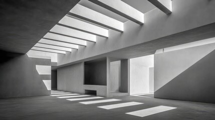 Fototapeta premium A monochrome concrete interior with clean lines and geometric shadows, illuminated by natural skylight.