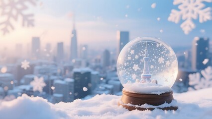 Snow globe with winter cityscape and falling snowflakes on a snowy ground