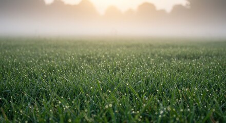 Fototapeta premium Dew drops on grass in misty morning light