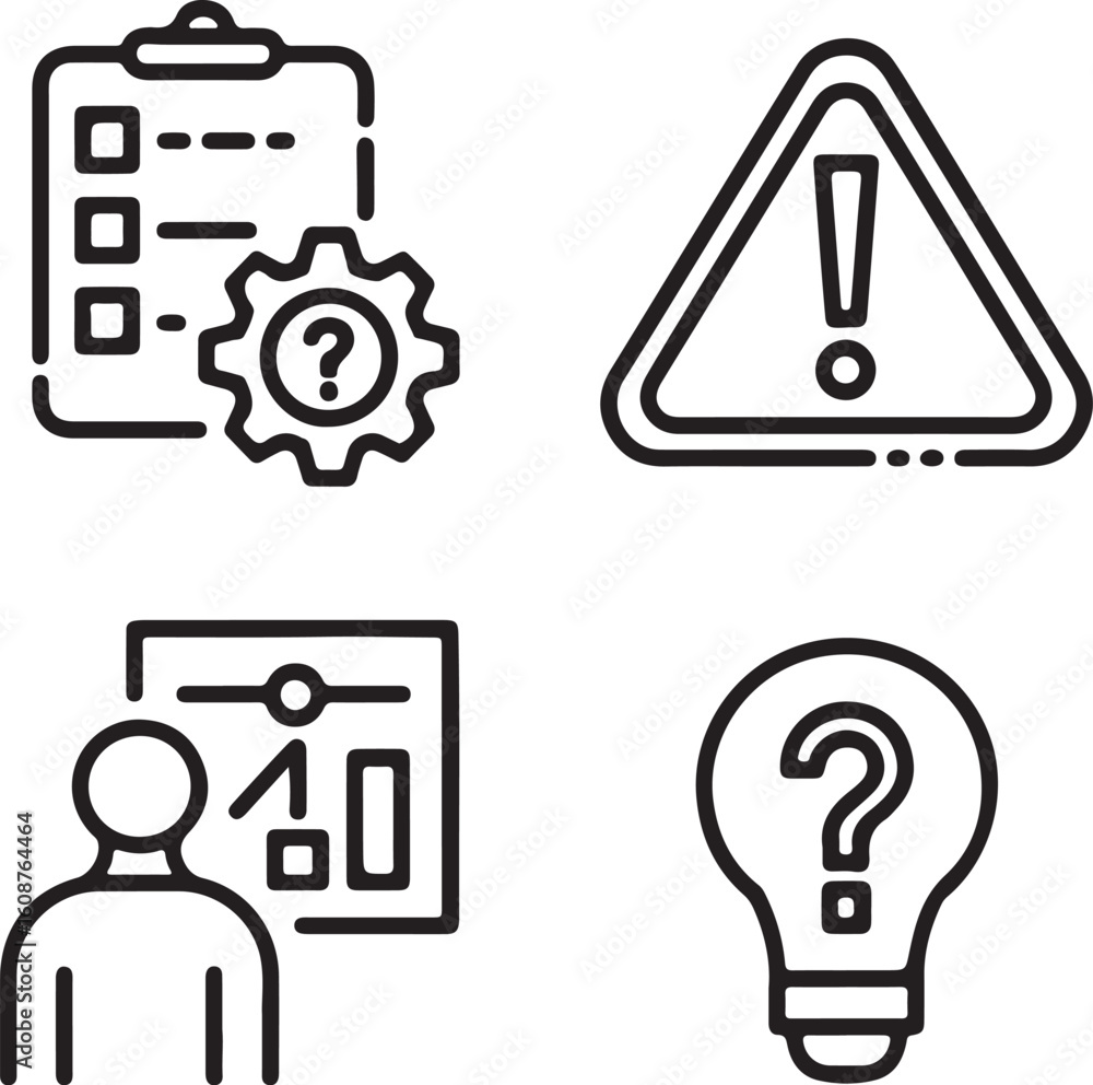 Poster set of business and problem solving icons depicting planning risk assessment strategy and idea gener