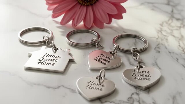 Flower & keychains "Home Sweet Home" house/hearts on marble table