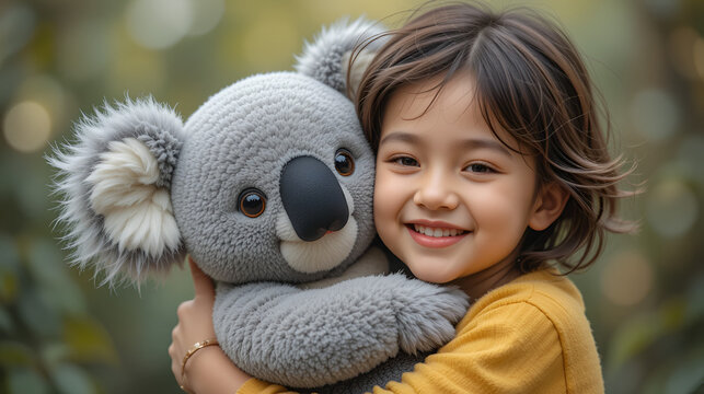 Smiling Child Hugging a Koala Plush Toy