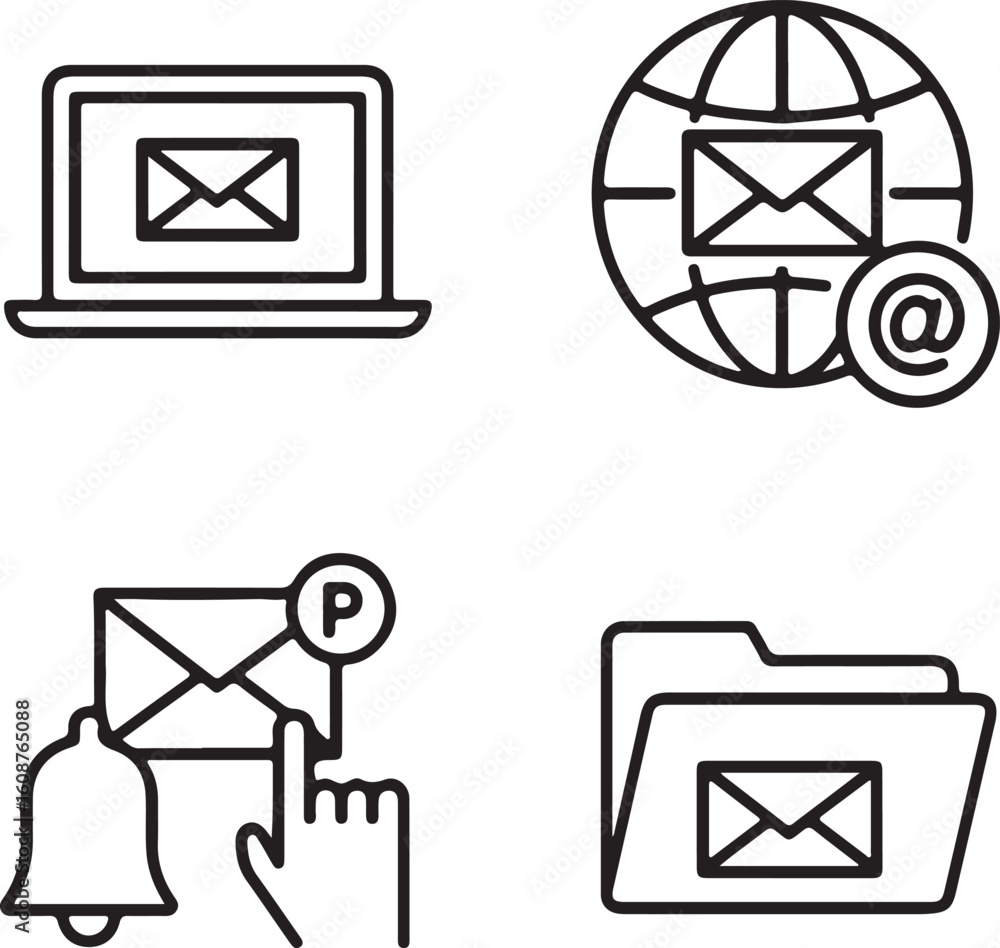 Poster outline icon set featuring email communication including laptop email global email notification emai