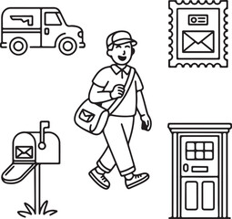 Line art illustration of a cheerful mail carrier delivering mail with a mail truck mailbox stamp and front door in the background for a complete
