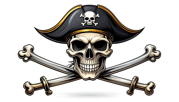 A skull in a tricorn hat, crossed swords behind - Powered by Adobe