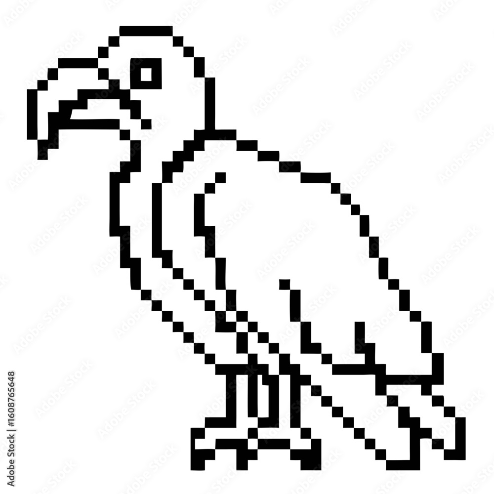 Poster pixel outline of a vulture perched on a branch in a simplistic style