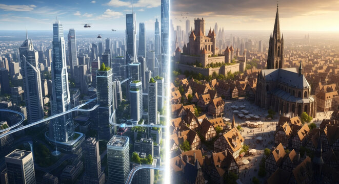A futuristic cityscape with sleek skyscrapers and flying vehicles contrasts with a medieval town featuring a castle and church, divided by a vertical light beam.