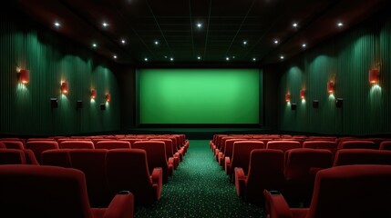 A modern cinema hall with red seats and a large green screen, perfect for film lovers and movie enthusiasts.