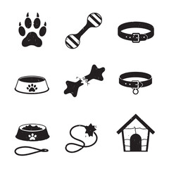 Illustrated collection of black and white dog accessories and pet care icons