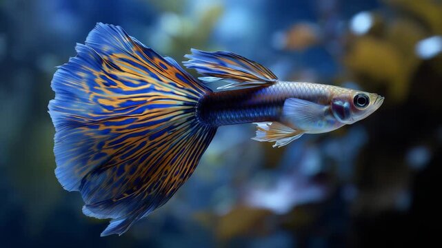 Aquatic Jewel: A vibrant male guppy with stunning blue and orange fin detail swims gracefully, showcasing the exquisite beauty of the underwater realm.