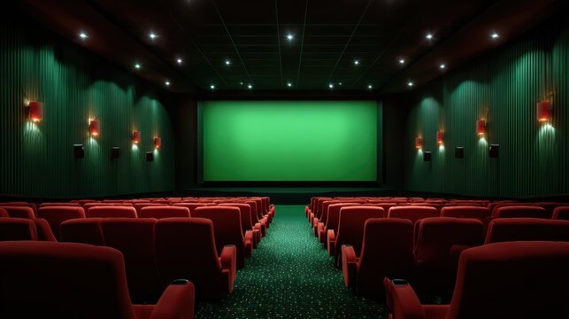 A modern cinema hall with red seats and a large green screen, perfect for film lovers and movie enthusiasts.
