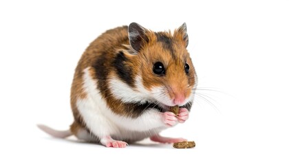 A small rodent with brown, white, and black fur sits on a white background, eating food pellets