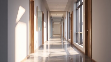 A modern, well-lit corridor with natural light enhancing the sleek design and polished floors.