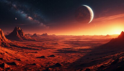 This stunning 3D, 4K image showcases a rugged alien landscape under a vibrant sunset, with distant planets and a star-filled sky, evoking a sense of otherworldly beauty and wonder.