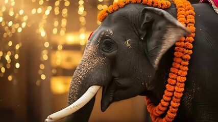 Festive Elephant Decorated with Orange Floral Garlands in Warm Golden Bokeh Background Celebrating Indian Culture