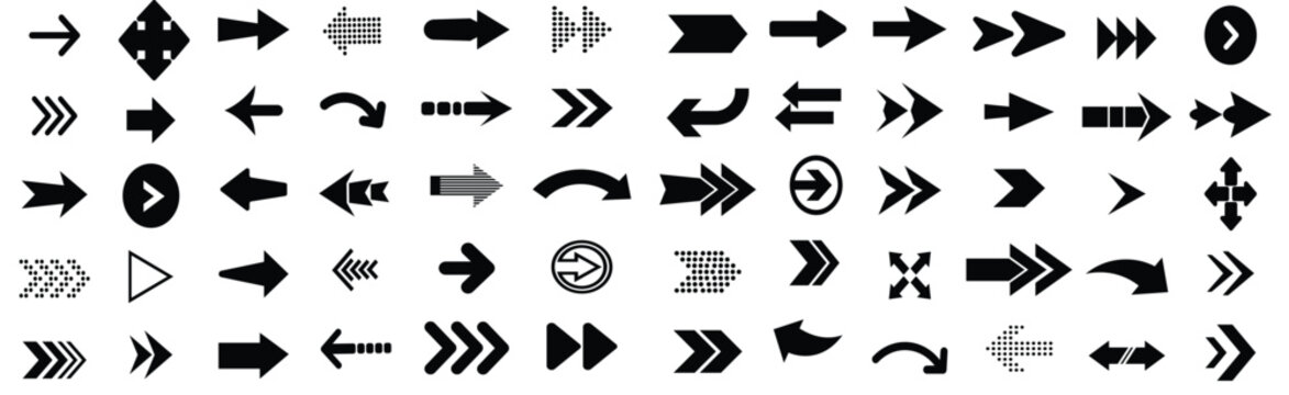  Set of arrow icons. Arrows icon. Set of arrow outline. Arrows for web design. Cursor. Different shape. Collection of black arrow icons for web design