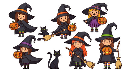 Vector Illustration of Cartoon Witches and Black Cats with Pumpkins for Halloween Cartoon Design