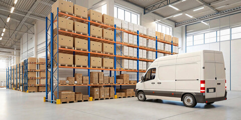 forklift in warehouse with boxes
