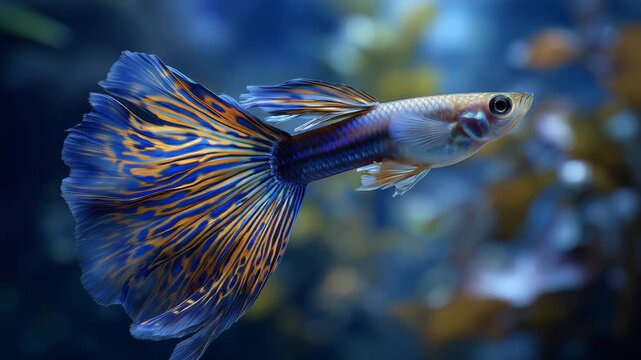 Aquatic Jewel: A single vibrant guppy fish with a striking blue and yellow patterned tail elegantly glides through a clear, aquatic environment.