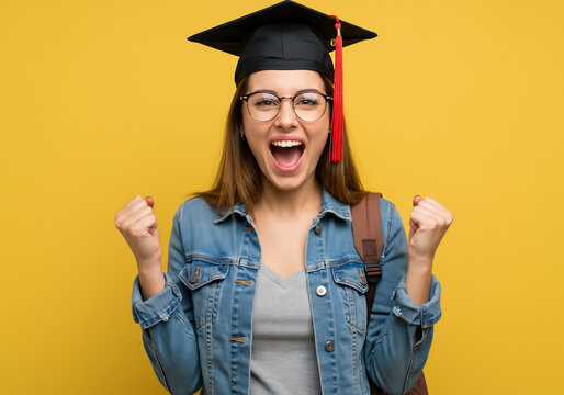 joyful student in graduation cap cheering success with backpack and glasses

