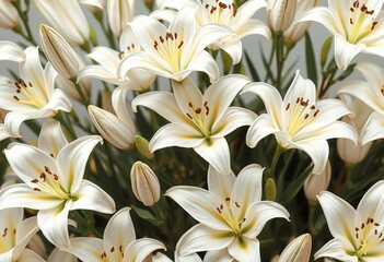 Elegant white lilies in full bloom, seamlessly repeating in a soft, watercolor style, background, seamless pattern