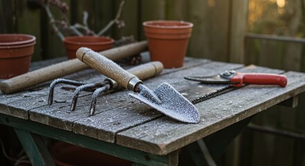 Obraz premium Frosted garden tools on a wooden table with terracotta pots
