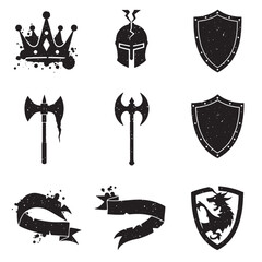 Vintage medieval weaponry and heraldry elements with crown helmets axes shields and ribbons