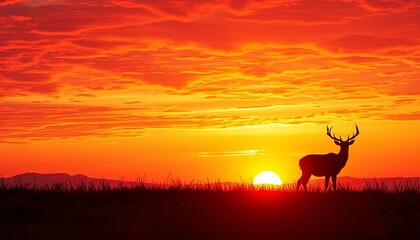 Majestic deer silhouetted against a vibrant sunset sky, scenic, forest