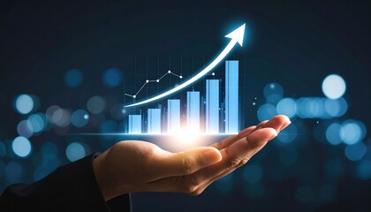 Hand holding glowing upward-trending bar graph on dark background