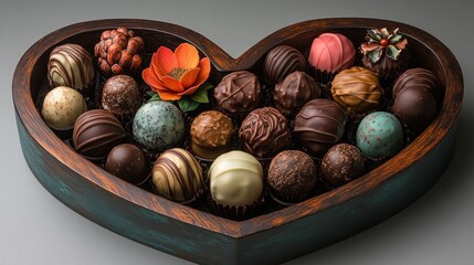 Obraz premium Heart-shaped wooden box filled with assorted chocolates