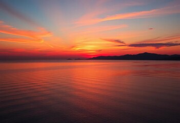 Black Sea sunset, orange pink hues, dark mountains silhouette,   idyllic,  vertical