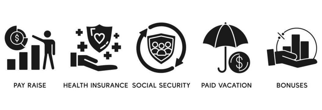 Employee benefits icon set vector illustration concept relate to  pay raise, health insurance, social security, paid vacation and bonuses