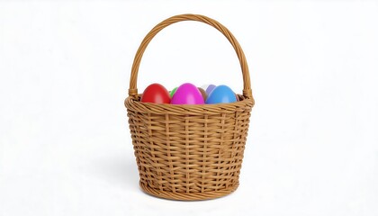 A wicker basket brimming with colorful eggs against a stark white backdrop