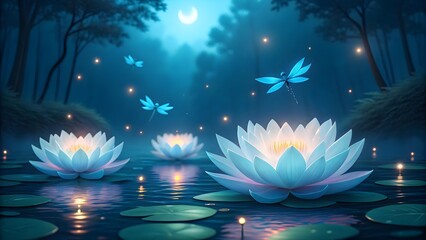 Enchanting magical forest pond with glowing lotus flowers and fireflies
