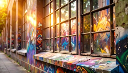 Obraz premium Graffiti-covered building with large windows and sunlight casting warm glow on alley walkway