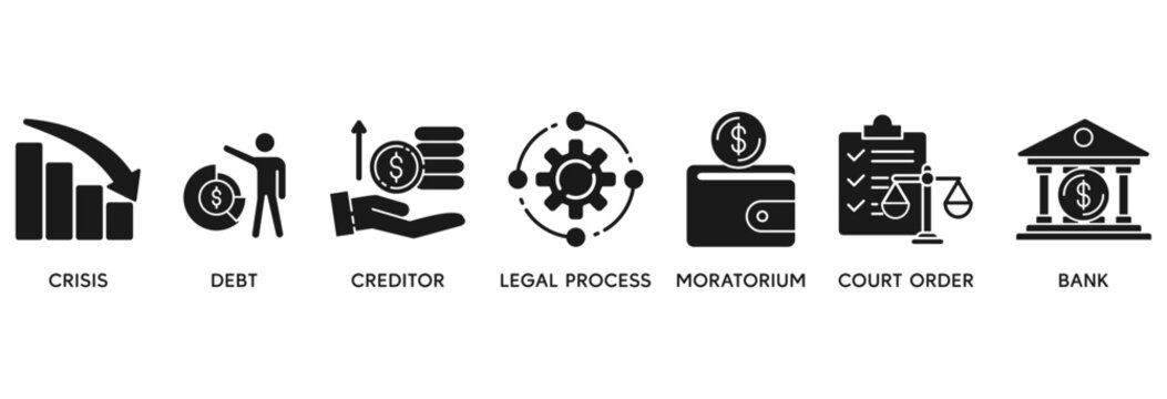 Bankruptcy icon set vector illustration concept relate to  crisis, debt, creditor, legal process, moratorium, court order, and bank