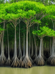 Mangrove Trees Growth Stages From Sapling to Mature Tree with Extensive Roots