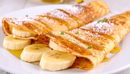 Rolled crepes with banana slices, syrup drizzle, and powdered sugar on white plate