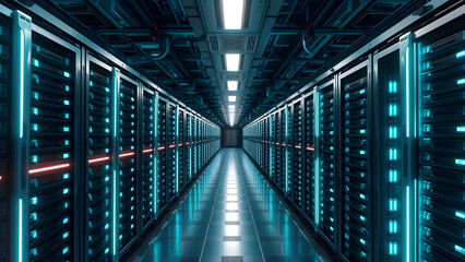 A mesmerizing wide shot of a modern data center with glowing blue server racks and a central aisle.