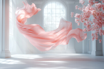 Maternity backdrop, wedding backdrop, photography background with delicate flowers and flying flowy fabric.