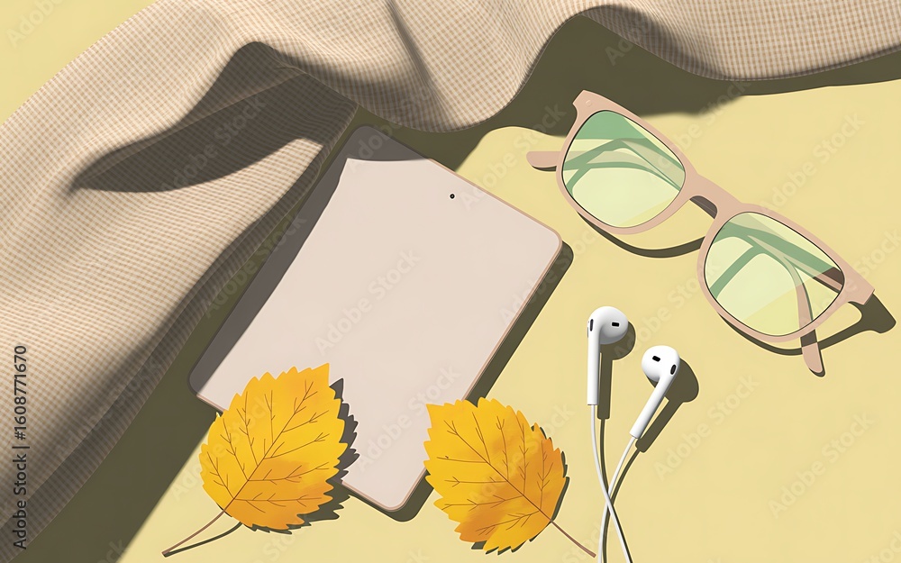Poster cozy autumn vibes with a book and earphones on a soft blanket in warm sunlight creating a peaceful r