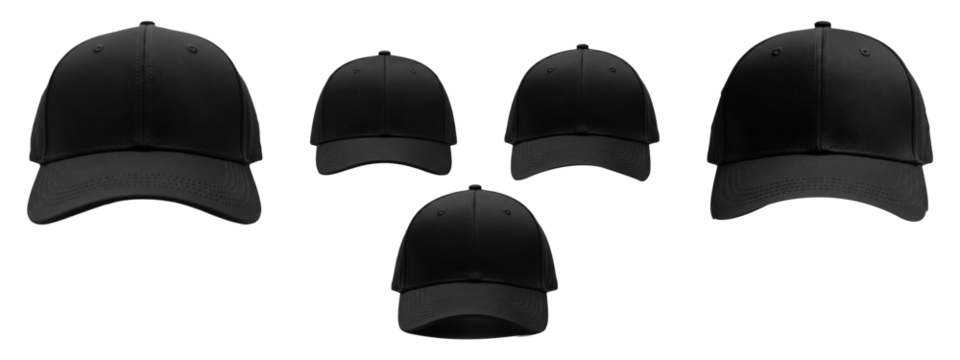 Five Black Baseball Caps Different Angles, isolated on a transparent background

